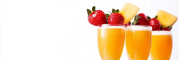 Three glasses of orange juice with strawberries and pineapple photo