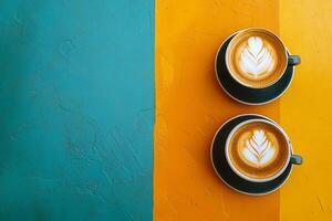 Top View Of Bistro On Vibrant Background With Copy Space, Food Photography photo