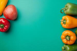 Top View Of Chicken Fajitas With Peppers And Onions On Vibrant Background With Copy Space, Food Setting photo