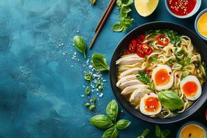 Top View Of Chicken Noodle Soup On Vibrant Background With Copy Space, Food Photography photo