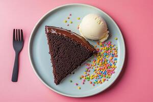 Top View Of Chocolate Cake With Vanilla Ice Cream On Vibrant Background With Copy Space, Food Photography photo