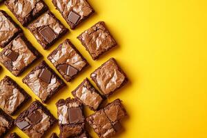 Top View Of Chocolate Chunk Brownies On Vibrant Background With Copy Space, Food Photography photo