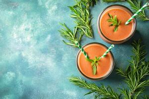 Top View Of Chocolate Peanut Butter Smoothie On Vibrant Background With Copy Space, Food Photography photo