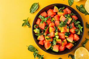 Top View Of Compressed Watermelon Salad On Vibrant Background With Copy Space, Food Photography photo