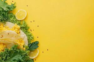 Top View Of Crunchy Beef Taco With Lettuce And Cheese On Vibrant Background With Copy Space, Food Photography photo