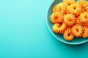 Top View Of Curly Fries With Seasoning On Vibrant Background With Copy Space, Food Setting photo