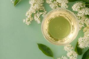Top View Of Elderflower Cordial On Vibrant Background With Copy Space, Food Photography photo