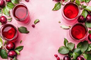 Top View Of Fermented Plum Wine On Vibrant Background With Copy Space, Food Setting photo
