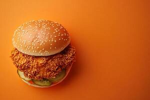 Top View Of Fried Chicken Sandwich With Pickles On Vibrant Background With Copy Space, Food Setting photo