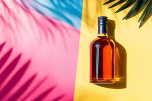 Top View Of Hennessy Cognac On Vibrant Background With Copy Space, Food Photography photo