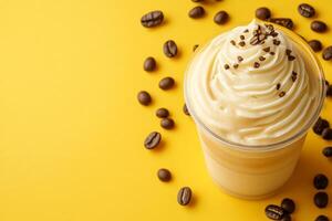 Top View Of Iced Coffee With Cream On Vibrant Background With Copy Space, Food Photography photo