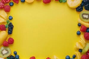 Top View Of Large Fruit Salad On Vibrant Background With Copy Space, Food Photography photo