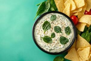 Top View Of Large Spinach Dip On Vibrant Background With Copy Space, Food Photography photo