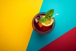 Top View Of Pitcher Of Sweet Tea On Vibrant Background With Copy Space, Food Setting photo