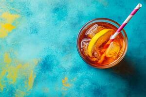 Top View Of Pitcher Of Iced Tea On Vibrant Background With Copy Space, Food Photography photo