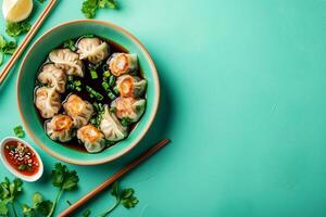 Top View Of Pork Dumplings With Soy Ginger Sauce On Vibrant Background With Copy Space, Food Setting photo