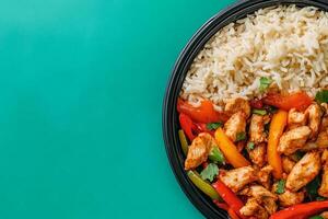 Top View Of Pre-Packaged Chicken Fajita Kit On Vibrant Background With Copy Space, Food Setting photo