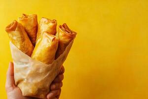 Top View Of Pre-Packaged Egg Rolls On Vibrant Background With Copy Space, Food Photography photo