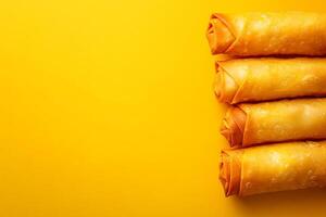 Top View Of Pre-Packaged Spring Rolls On Vibrant Background With Copy Space, Food Setting photo