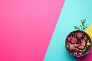 Top View Of Rack Of Lamb With Rosemary Jus On Vibrant Background With Copy Space, Food Setting photo