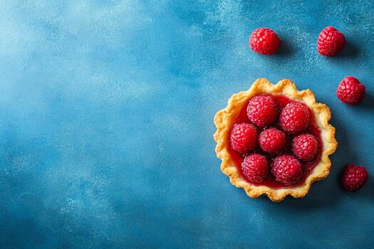 Top View Of Raspberry Tart On Vibrant Background With Copy Space, Food Setting photo
