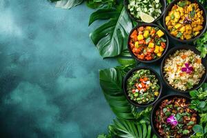 Top View Of Seven-Course Tasting Menu On Vibrant Background With Copy Space, Food Setting photo