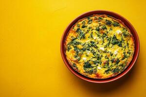 Top View Of Small Spinach And Feta Quiche On Vibrant Background With Copy Space, Food Photography photo