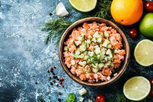Top View Of Smoked Salmon Rillettes On Vibrant Background With Copy Space, Food Setting photo