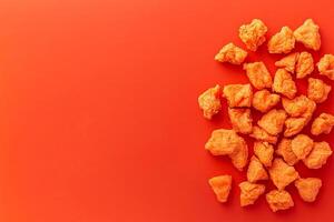 Top View Of Spicy Fried Chicken Pieces On Vibrant Background With Copy Space, Food Setting photo