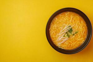 Top View Of Spicy Miso Ramen On Vibrant Background With Copy Space, Food Setting photo