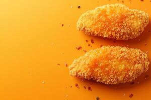 Top View Of Three-Piece Chicken Tenders With Honey Mustard On Vibrant Background With Copy Space, Food Photography photo