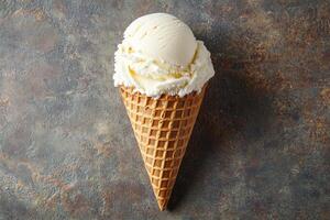 Top View Of Vanilla Bean Ice Cream Cone On Vibrant Background With Copy Space, Food Photography photo