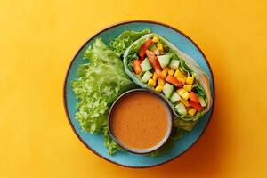 Top View Of Vegetable Spring Rolls With Peanut Dipping Sauce On Vibrant Background With Copy Space, Food Setting photo