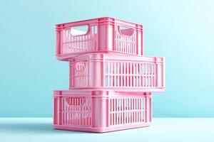 Stack of pink plastic crates forming a tower on pastel background photo
