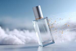 Futuristic perfume bottle levitating and spraying particles on a cloudy background photo