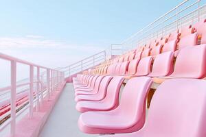 Rows of empty pink stadium seats stretching towards a clear sky photo