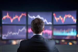 Businessman analyzing decreasing stock market graphs on multiple computer screens photo