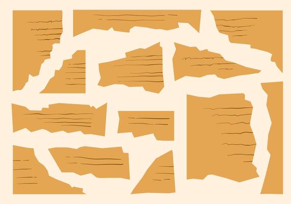 Vintage Brown Lined Torn Paper Scrap. A curated bundle of 13 brown torn paper scraps with jagged edges and hand drawn line textures in varied shapes. Perfect for journaling collage scrapbook design