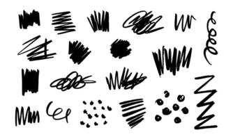 Hand Drawn Black Scribble Element. A collection of 19 unique hand drawn black scribble elements including swirls, blocks, lines, dots, and chaotic shapes in rough artistic style vector