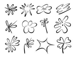 Freeform Line Art Floral Doodle Pack. A set of 12 abstract floral doodles in freeform line art style featuring bold petals spirals and dynamic shapes. Perfect for decorative modern design vector