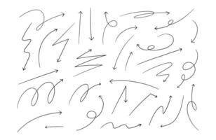 Hand Drawn Curved And Wavy Arrow. A flowing collection of 31 black hand drawn arrows in various curved wavy and looped styles including swirl, zigzag, spirals, and more. Perfect for dynamic expressive vector