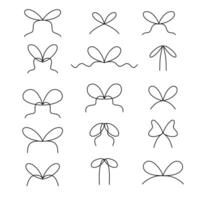 Line Art Hand Drawn Ribbon Bow Element. A charming collection of 15 line art hand drawn ribbon and bow elements in various playful and feminine forms. Perfect for fashion decoration vector