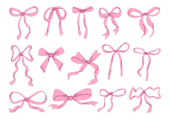 Whimsical Hand Drawn Pink Ribbon Bow. A playful and elegant collection of 14 hand drawn ribbon bows featuring loops curves flowing tails and more. Perfect for packaging girly craft and romantic accent