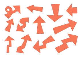 Orange Hand Drawn Arrow Symbol. A bold collection of 12 orange hand drawn arrow icons in unique directional shapes including loops, curves, zigs, notches, and more. Perfect for navigation signage vector