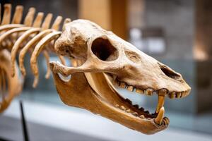 Fossilized skeleton of an extinct animal showing teeth and skull photo