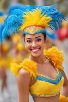 Brazilian samba dancer smiling and wearing a colorful costume with feathers during Carnival parade photo