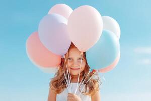 Joyful child holding colorful balloons against a bright blue sky, capturing the essence of happiness and celebration, cheerful atmosphere concept photo