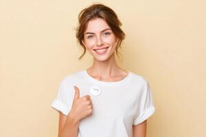 Engaging young woman smiling and giving a thumbs up while promoting civic participation with a vote badge on her shirt encouraging voting awareness concept photo