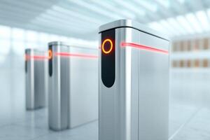 Modern turnstiles with sleek design and illuminated indicators in a spacious environment showcasing access control technology concept photo