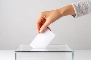 Hand placing a ballot into a transparent voting box during an election process emphasizing civic engagement and democratic participation concept photo